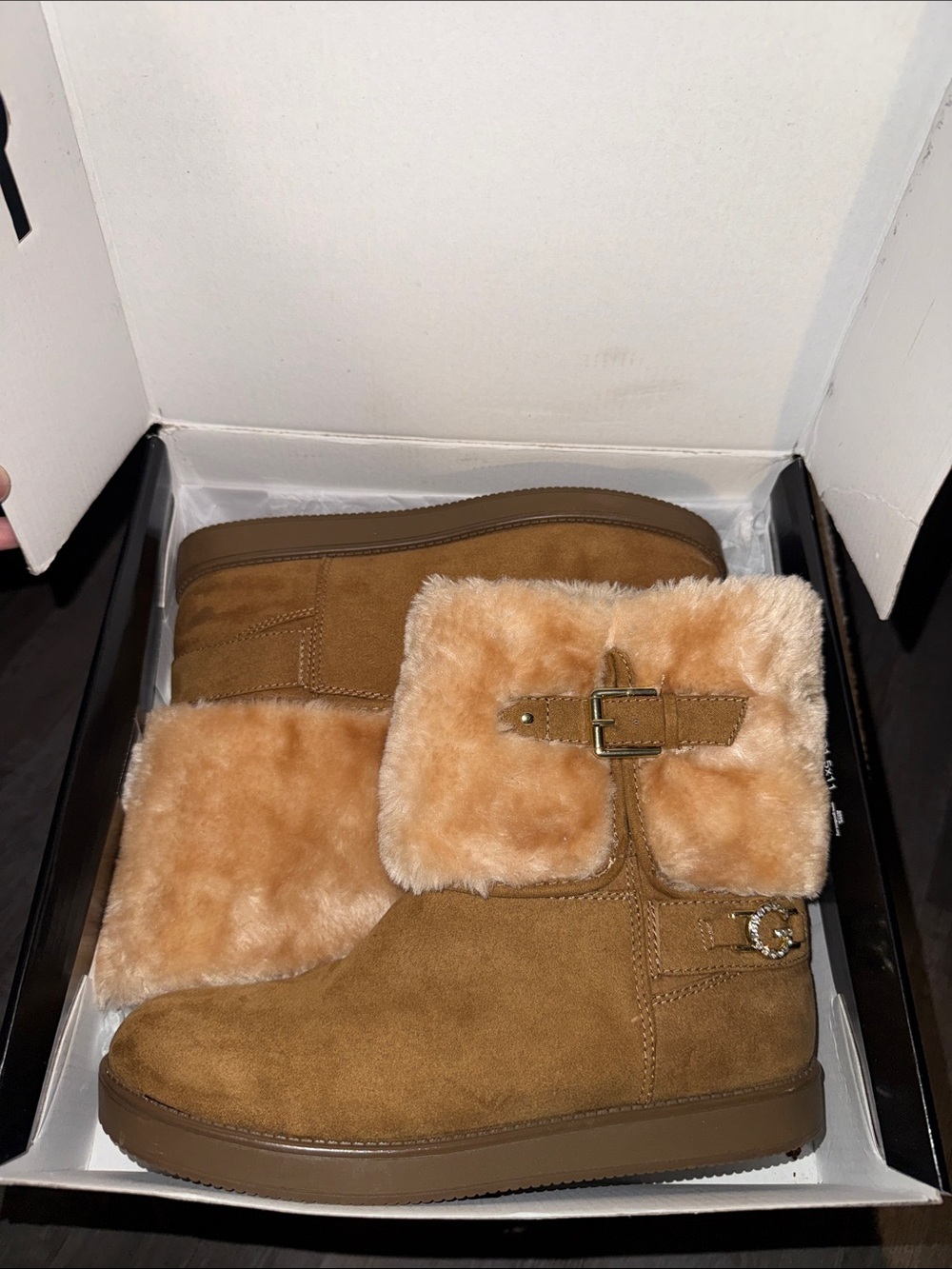 Like New GBG Los Angeles Tan Faux Fur Buckle Ankle Boots Size 9.5 - Picture 1 of 4